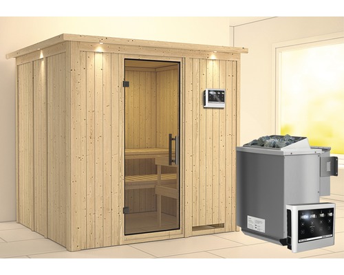 Elementsauna Karibu Sodina inkl. 9 kW Bio Ofen u.ext.Steuerung mit Dachkranz und Ganzglastüre aus Klarglas