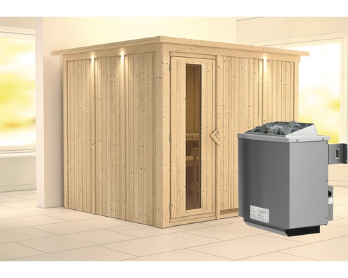 Elementsauna Karibu Gobina inkl. 9 kW Ofen u.intger.Steuerung mit Dachkranz und Holztüre mit Isolierglas wärmegedämmt