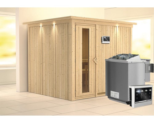 Elementsauna Karibu Gobina inkl. 9 kW Bio Ofen u.ext.Steuerung mit Dachkranz und Holztüre mit Isolierglas wärmegedämmt