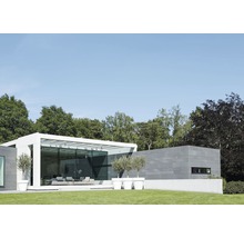 Modernes Haus mit Glasfassade, Terrasse und Olivenbäumen in Töpfen