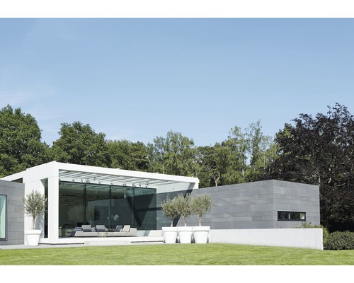 Modernes Haus mit Glasfassade, Terrasse und Olivenbäumen in Töpfen