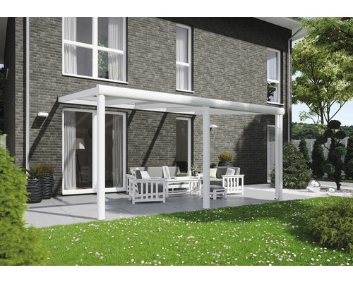 Terrassenüberdachung SKAN HOLZ Garda 434x257 cm weiß Terrasse mit weißer Terrassenüberdachung und Gartenmöbeln vor Haus