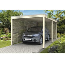 Carport aus Holz mit Seitenwand und geparktem Auto