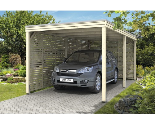 Einzelcarport SKAN HOLZ Cubus-Form mit Seiten- und Rückwand 294x574 cm natur Carport aus Holz mit Seitenwand und geparktem Auto