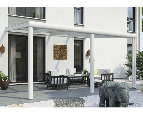 Terrassenüberdachung SKAN HOLZ Garda 434x307 cm weiß Terrasse mit Terrassenüberdachung und Sitzgruppe