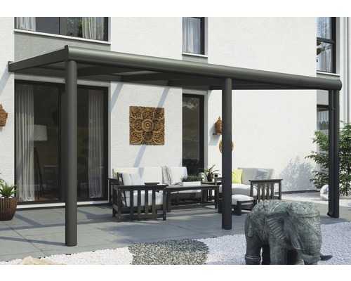 Terrassenüberdachung SKAN HOLZ Garda 434x307 cm anthrazit Terrassenüberdachung mit Sitzgruppe im Gartenbereich