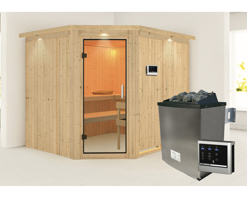 Elementsauna Karibu Malina inkl. 9 kW Ofen u.ext.Steuerung mit Dachkranz und Ganzglastüre aus Klarglas