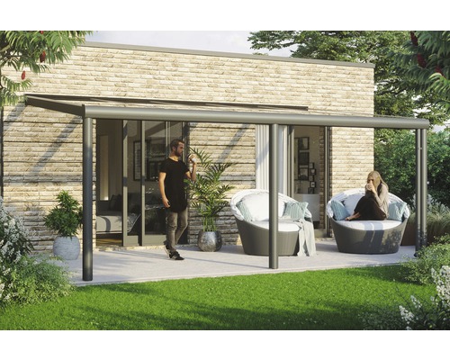 Terrassenüberdachung SKAN HOLZ Garda 541x307 cm anthrazit Terrassenüberdachung mit zwei Personen und Gartenmöbeln