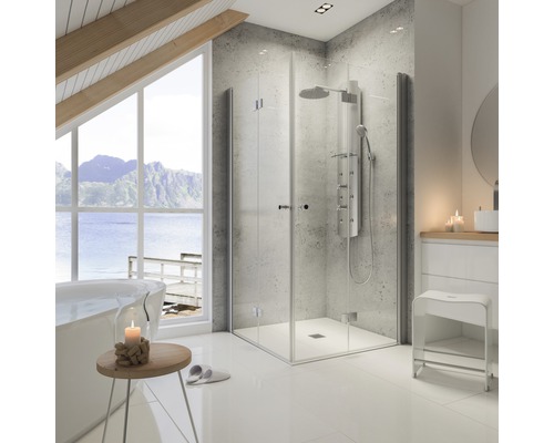 Modernes Badezimmer mit Duschkabine, Badewanne, Waschtisch und Hocker