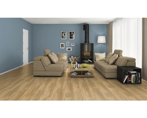 Heller Wohnraum mit Laminatboden, Sofas, Kamin und Dekorationen für ein gemütliches Ambiente.