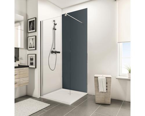 Duschrückwand Schulte ExpressPlus Decodesign 900x2100x3 mm anthrazit Badezimmer mit Duschkabine, Duschwanne, Waschtisch und Wäschekorb
