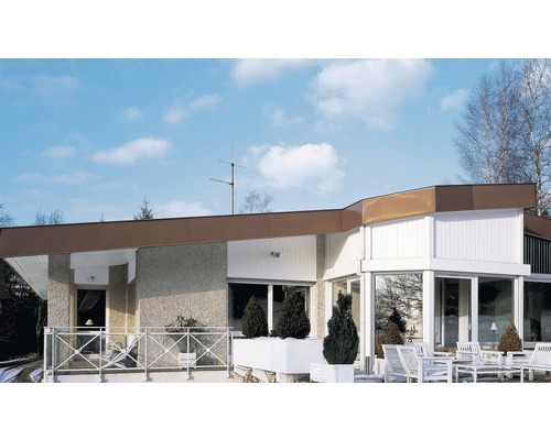 Hausfassade mit Flachdach und Fensterfront