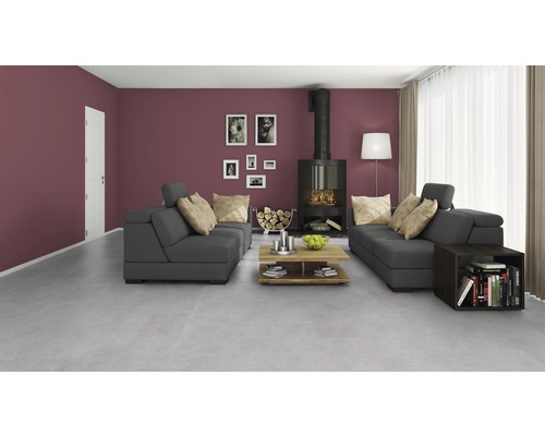 Wohnzimmer mit grauen Sofas, Kamin und Couchtisch