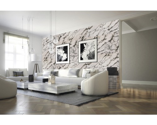 Heller Wohnraum mit Wandverkleidung in Marmoroptik, Sofas, Couchtisch und Dekoration