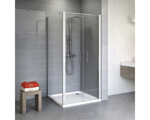 Pendeltür mit Seitenwand Schulte ExpressPlus Alexa Style 2.0 EP32250650150017192 900x900x1920 mm Echtglas Klar hell aluminium mit schmutzabweisender Glasbeschichtung Duschkabine mit Duschtasse und Armatur im Badezimmer