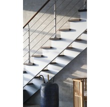 Treppe mit Stahlseilgeländer, Holzstufen und einer Dekovase