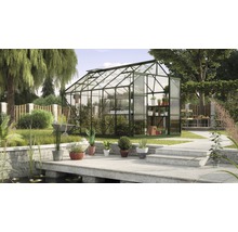 Gewächshaus mit Pflanzen und Gartenzubehör in einem Garten.
