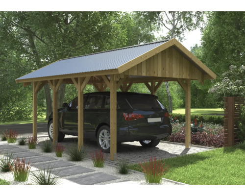 Holzcarport mit Metalldach und darunter geparktem Auto