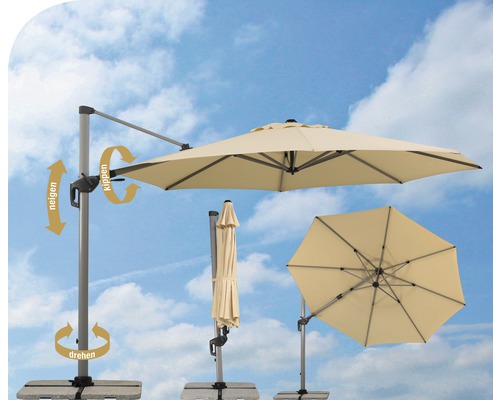 Freischirm mit verschiedenen Neigungs- und Drehfunktionen.