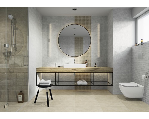 Modernes Badezimmer mit Dusche, Waschtisch, Spiegel und Toilette