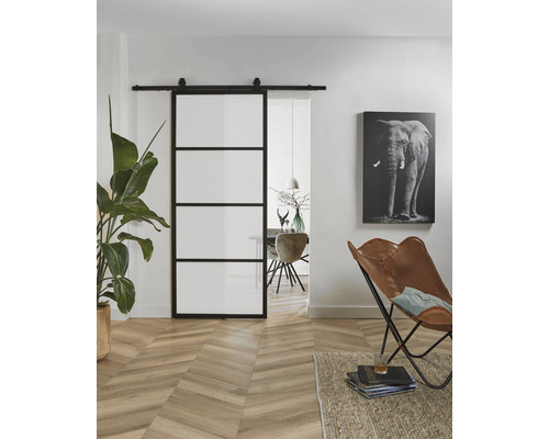 Modernes Wohnzimmer mit Schiebetür, Parkettboden und dekorativen Elementen