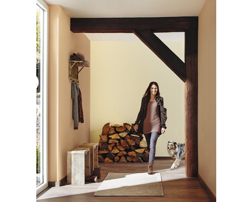 Helle, freundliche Diele mit Holzbalken, Garderobe, Holzbänken, Holzstapel, Teppich und Frau mit Hund