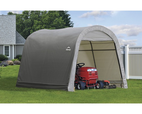 Graue Gerätegarage mit Rasenmäher