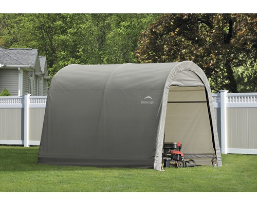 Graue ShelterLogic Lagerzelthalle mit Rasenmäher auf Rasen