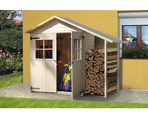 Gartenhaus weka inkl. Schleppdach Fußboden 224 x 85 cm Holzgartenhaus mit offenstehender Tür und Holzstapel