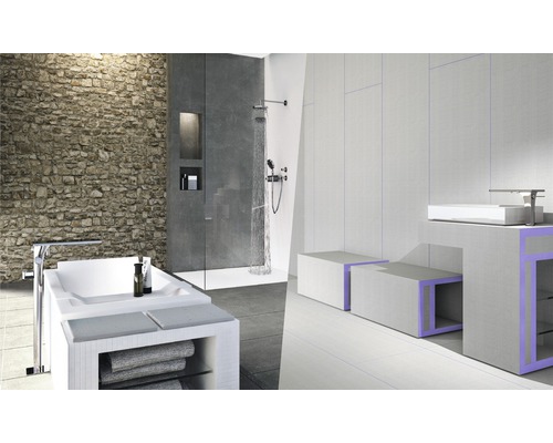 Badezimmer mit Badewanne, Dusche und Waschbeckenmöbeln