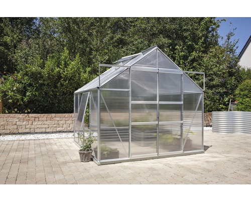 Gewächshaus Vitavia Meridian 2 6700 Hohlkammerplatten 4 mm 257x258 cm Aluminium Gewächshaus im Garten mit Pflanztöpfen