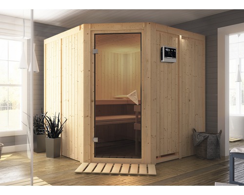 Elementsauna Karibu Jarina inkl. 9 kW Ofen u.integr.Steuerung ohne Dachkranz mit bronzierter Ganzglastüre