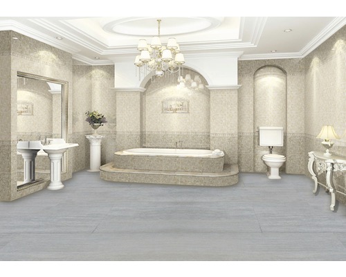 Helles Badezimmer mit Badewanne, Waschbecken, Toilette und Fliesen