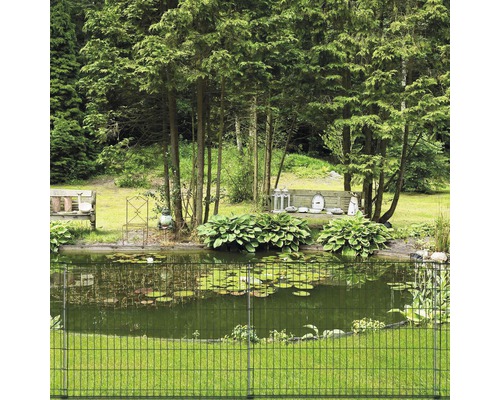 Teich im Garten mit Metallzaun, umgeben von Bäumen und Pflanzen