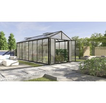 Gewächshaus mit geöffneter Tür in einem Garten