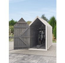 Fahrradgarage aus Holz mit geöffneter Tür und Fahrrad