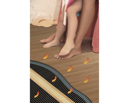 Illustration einer Fußbodenheizung unter einem Bodenbelag mit Füßen darauf