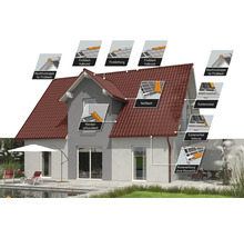 Haus mit Dachdetails: Firstblech, Firstdichtung, Kehlblech, Wandanschlussblech, Kantenwinkel und Rinneneinhang ohne Wasserfalz.