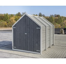 Grauer Gerätecontainer aus Holz für den Garten