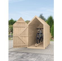 Fahrradgarage aus Holz mit geöffneter Tür und Fahrrad