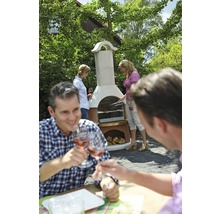 Szene mit Grillparty im Garten mit Steingrill und feiernden Personen