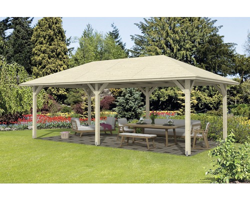 Gartenpavillon SKAN HOLZ Orleans 2 439 x 786 cm naturbelassen Holzpavillon mit Gartenmöbeln im Außenbereich