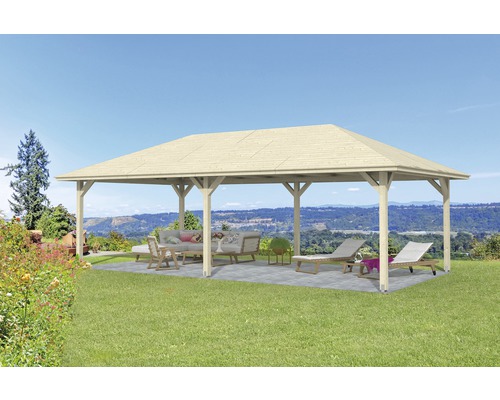 Gartenpavillon SKAN HOLZ Orleans 3 504 x 916 cm naturbelassen Holzpavillon mit Gartenmöbeln und Liegestühlen im Außenbereich