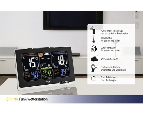 SPRING Funkwetterstation mit Anzeige von Innen- und Außentemperatur, Luftfeuchtigkeit, Wettervorhersage und Funkuhr