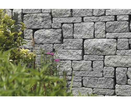 Mauer aus Natursteinen mit Pflanzen im Garten