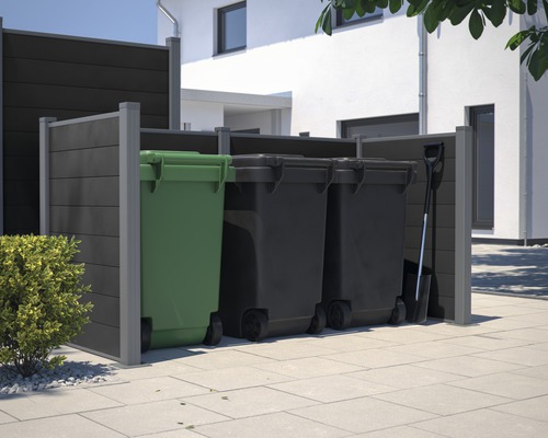 Mülltonnenbox aus Kunststoff mit drei Mülltonnen und Schaufel