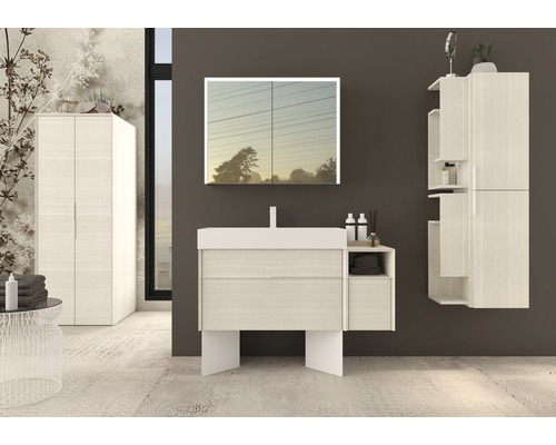 Badezimmer mit Waschtisch, Spiegelschrank und Hochschrank