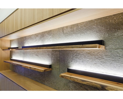 Regal mit Holzstruktur und Beleuchtung vor einer Steinwand