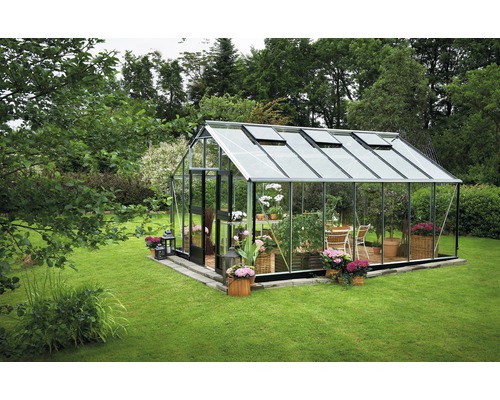 Gewächshaus JULIANA Gärtner 18,8 m² 3 mm Sicherheitsglas 368x511 cm Aluminium Gewächshaus mit Pflanzen im Garten