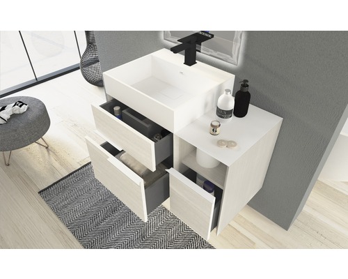 Badezimmer Szene mit Waschtischunterschrank, Waschbecken und Schubladen